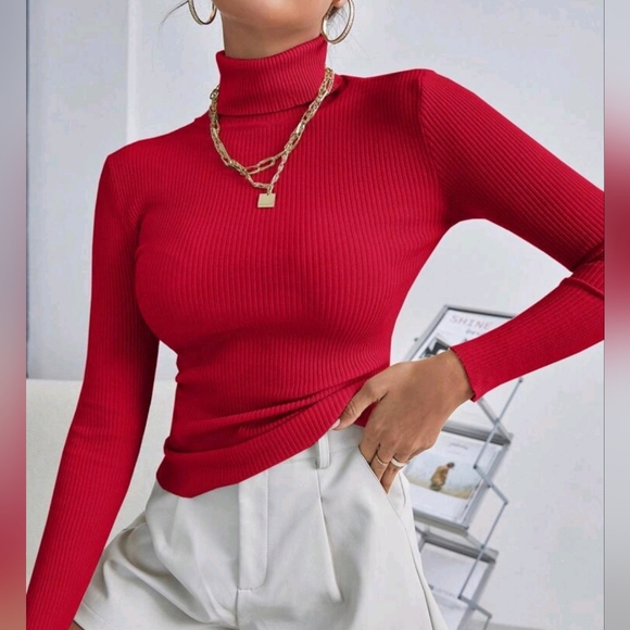NEW Chic Ribbed Knit Turtleneck Sweater Top Bodycon Red - Picture 3 of 8
